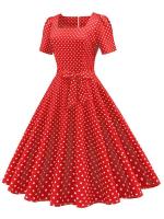 Vestido midi elegante informal para mujer con lunares, cuello Peter Pan, cintura alta y corte en A - details 27