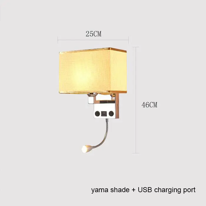 Luz de pared de sombra de tela rectangular con puerto de carga USB, 2 interruptores, iluminación de pared LED E27 con lámpara de lectura ajustable - 1