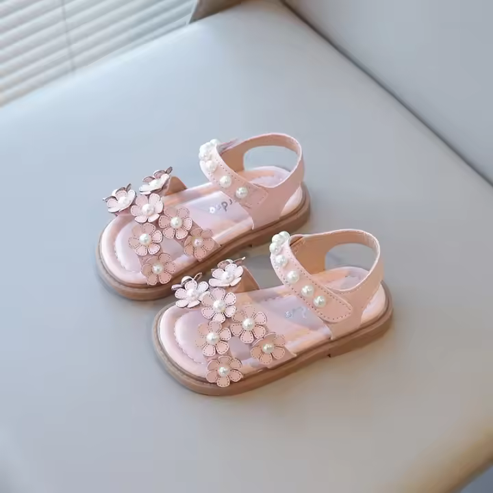 Sandalias florales para niñas pequeñas con cuentas, zapatos dulces de princesa de verano para niños, punta abierta, antideslizantes, talla 21-30, gancho y bucle, - 1
