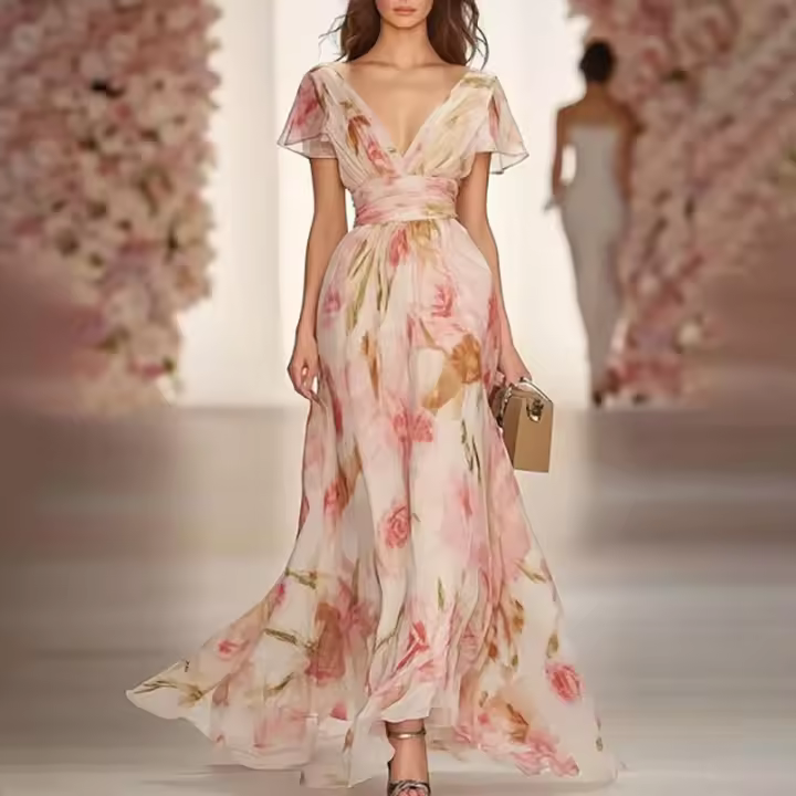 Elegante Vestido Largo Estilo Bohemio con Estampado Floral Vestido de Fiesta de Cintura Alta con Cuello de Pico para Primavera Vestido Largo con Cremallera de Manga Corta para Verano - 1