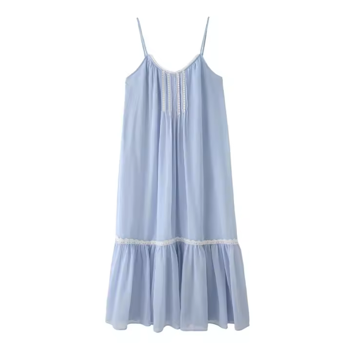Vestido de tirantes finos de longitud media con borde floral elegante para mujer nuevo estilo - 1