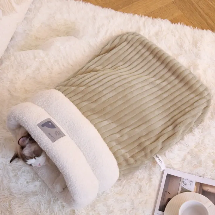 Perrera nido para gatos, saco de dormir grueso para gatos, forro polar de cordero semicerrado, nido cálido para gatos, edredón suave y cómodo con bolsillo para mascotas, cama de otoño - 1