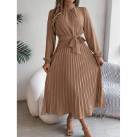 Elegante vestido corto de otoño invierno para mujer, con cuello alto, mangas plisadas y falda larga. - details 20