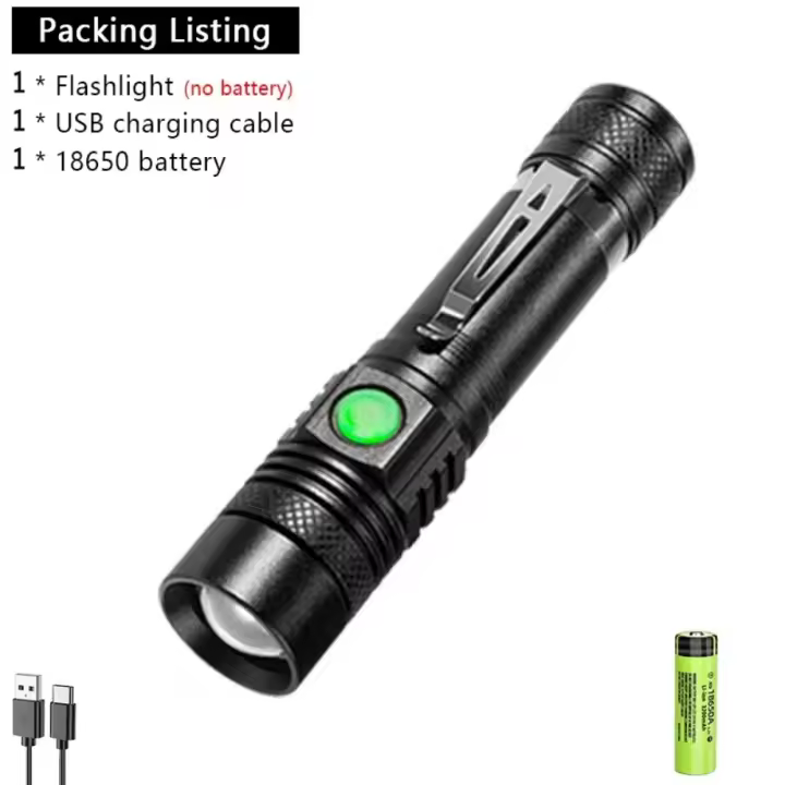 Linterna LED Potente de Aleación de Aluminio Portátil, Recargable por USB, Luz de Flash Impermeable para Acampar al Aire Libre - 1