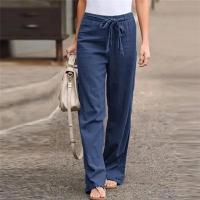 Pantalones de mujer Pantalones casuales con cordones de algodón y lino Pantalones de pierna con banda elástica Pantalones rectos de mujer - details 9