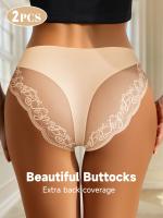 2 piezas de bragas de cintura media de encaje en contraste para mujer, bragas ligeras transpirables sin costuras, detalle de monograma sexy, ribete de encaje de moda primavera/verano, tejidos suaves - details 2