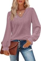 Camiseta con cuello en V para mujer Camisa superior de manga plisada informal hueca de otoño - details 2