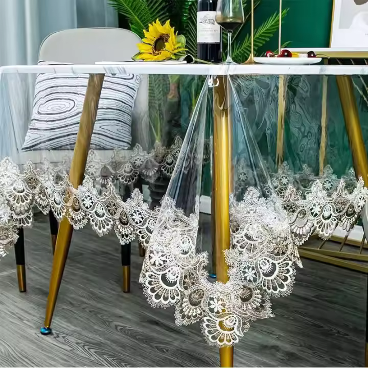 Mesa de comedor bordada para café, té, hule impermeable, tapete rectangular, cubierta de mesa de PVC transparente para exteriores - 1