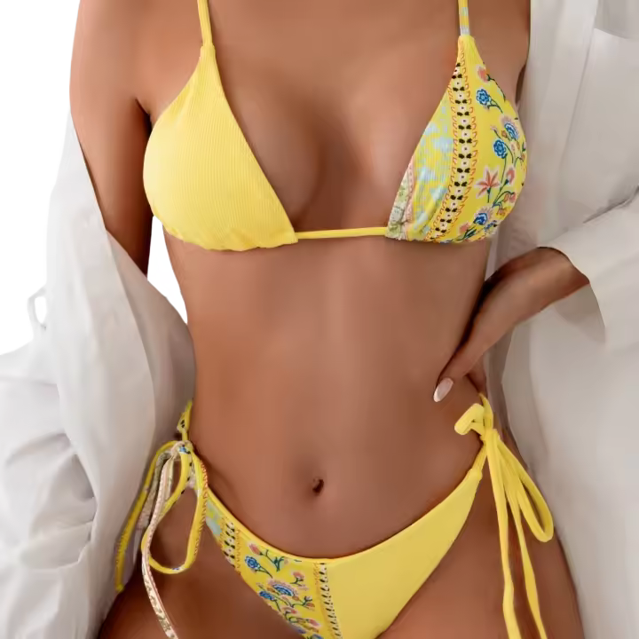Nuevo traje de baño de bikini estampado estilo bohemio acanalado con descuento para mujer - 1