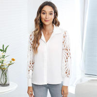 Blusa con Cuello en V para Mujer, Camisa de Encaje de Manga Corta, Túnica de Color Sólido - details 4
