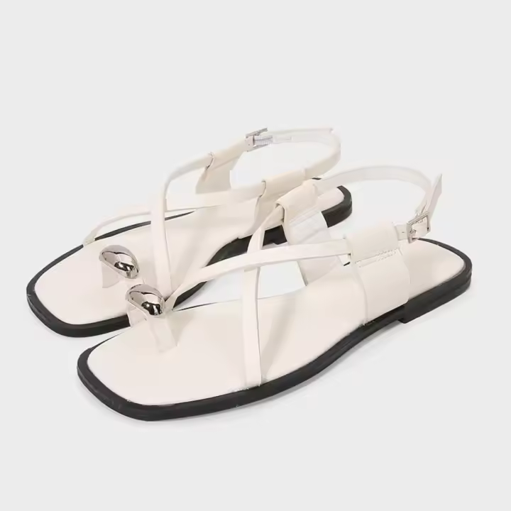 Sandalias planas de moda con tiras de grano fino y decoraciones metálicas para mujer, primavera, punta cuadrada, zapatos de playa - 1