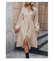 Vestido de manga larga con cuello en V para mujer, vestido dividido, línea A, color albaricoque, Surplice, otoño - details 7