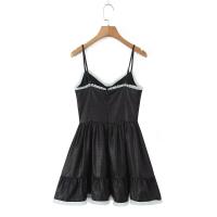 Estilo retro francés verano Spice Girl vacaciones princesa viento malla empalme jacquard liguero vestido cintura delgada falda negra. - details 7