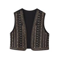 BUNO-Chaleco corto vintage con cuello de pico para mujer, chaqueta con bordado de flores y cuentas, cárdigan informal sin mangas - details 1