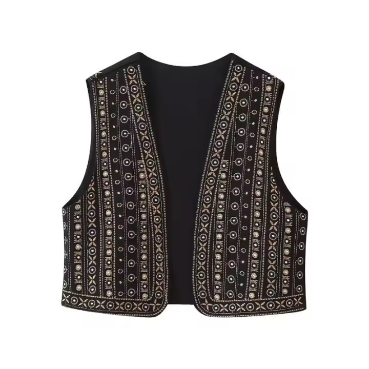 BUNO-Chaleco corto vintage con cuello de pico para mujer, chaqueta con bordado de flores y cuentas, cárdigan informal sin mangas - 1