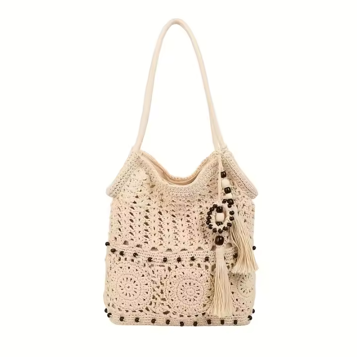 Bolso de Hilo Tejido con Cuentas de Madera Perfecto para Vacaciones y Salidas a la Playa - 1