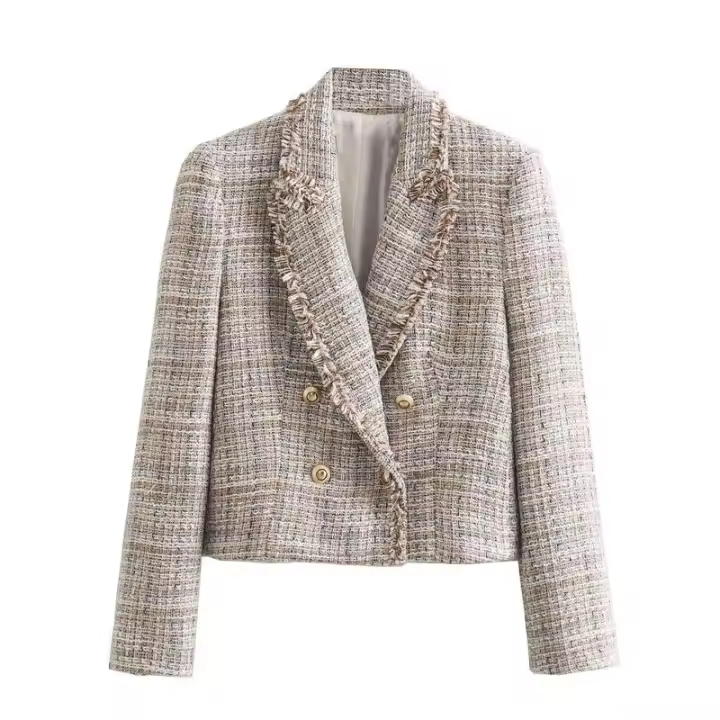 BUNO-Chaqueta de traje de Tweed para mujer, de doble botonadura Chaqueta corta, abrigo ajustado, Tops informales, Blazers de lana para mujer, ropa de calle, Otoño e Invierno - 1