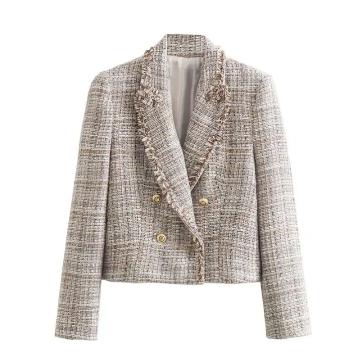 BUNO-Chaqueta de traje de Tweed para mujer, de doble botonadura Chaqueta corta, abrigo ajustado, Tops informales, Blazers de lana para mujer, ropa de calle, Otoño e Invierno - 1