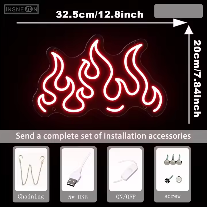 Letrero de neón con llama, tienda de luz, cafetería, restaurante, habitación, fiesta, decoración de pared colgante, USB, noche, regalos de cumpleaños, lámpara de decoración de dormitorio, lámpara de neón, manocave - 1