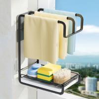 Estante de almacenaje para cocina sin perforaciones, con bandeja de drenaje, adhesivo, estante para trapo de cocina, soporte de esponja montado en la pared - details 1