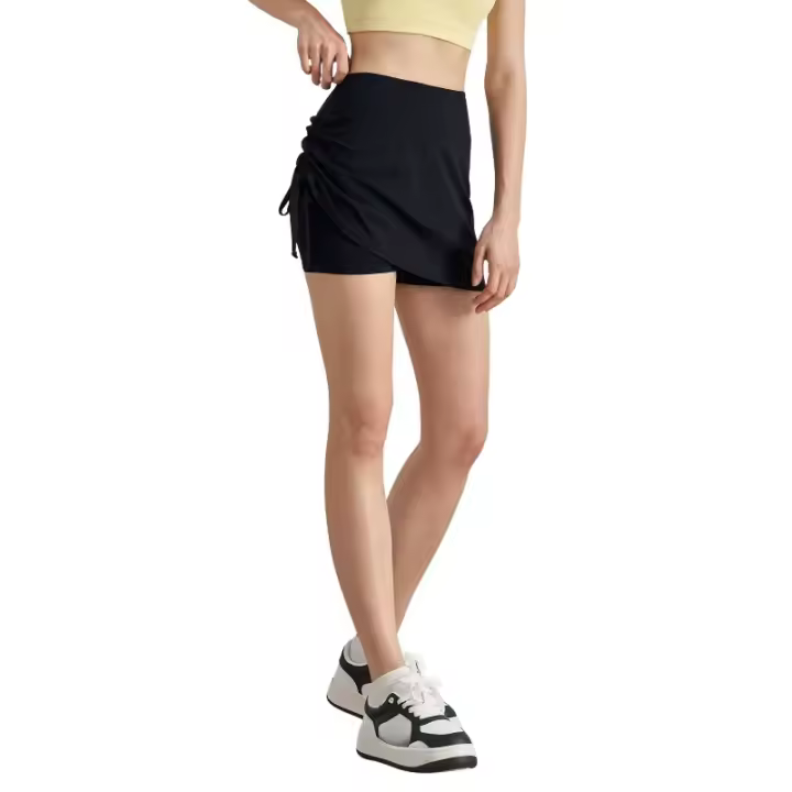 Pantalones cortos de Yoga 2 en 1 para mujer, vestido rápido de cintura alta superpuesto, ropa deportiva para Fitness, falda con cordón ajustable - 1