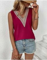 Blusa de encaje Parchwork para mujer, camiseta holgada con agujeros para verano, ropa de calle informal, Top sin mangas con cuello en V Lac - details 8