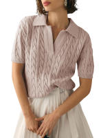 Suéter de manga corta con cuello en V para mujer, Jersey informal de punto con cuello de solapa suave, color rosa, a la moda, Y2K - details 0