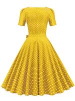 Vestido midi elegante informal para mujer con lunares, cuello Peter Pan, cintura alta y corte en A - details 31