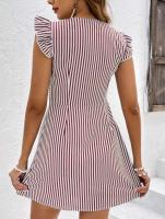 Vestidos camiseros de verano con cuello en V y manga mosca de un solo pecho para mujer con vestido estilo playa con estampado de rayas empalmadas - details 11