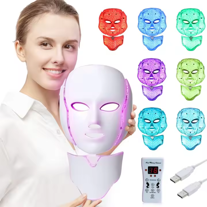 Máscara de Luz LED para Rejuvenecimiento de la Piel Terapia de Cuidado Facial con 7 Colores para Estirar y Tonificar la Piel Cuidado de Belleza para Cara y Cuello - 1