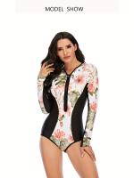 Traje de baño de una pieza con estampado floral de manga larga, traje de buceo y surf de corte alto con cremallera y estampado - details 0