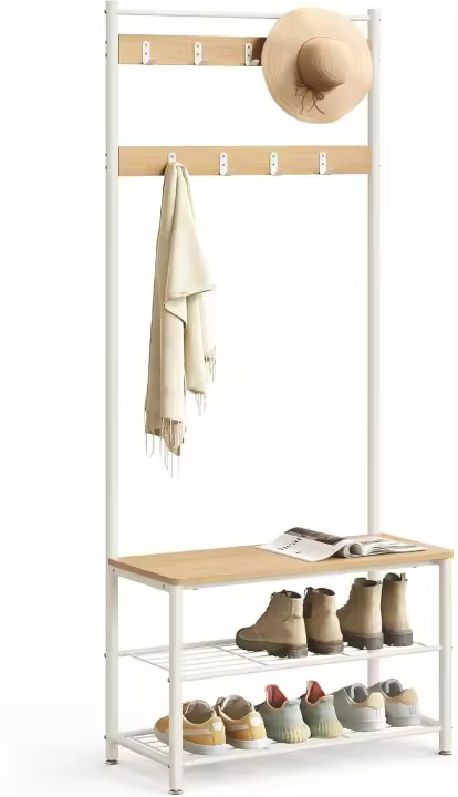 Perchero con Estante para Zapatos, Mueble de Entrada con Banco, 3 en 1, Marco de Acero, para Entrada y Pasillo, 32 x 70 x 177 cm, Estilo Industrial, Marrón Castaño y Negro HSR041B41 - 1