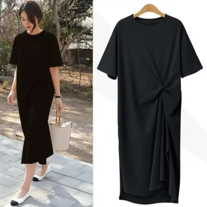 Verano Casual 2024 vestido camisero negro Midi mujeres ropa de estilo coreano abertura lateral señoras 4XL manga corta - 1
