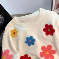 Jersey coreano con bordado Floral, suéter de alta calidad para mujer, Tops elegantes de punto con cuello redondo - details 9