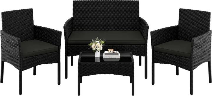 Conjunto de Muebles de Ratán de Jardín 4 Piezas, 1 Sofá 2 Sillones con Cojines y 1 Mesa con Vidrio para Patio/Terraza/Balcón (Negro/Gris) - 1