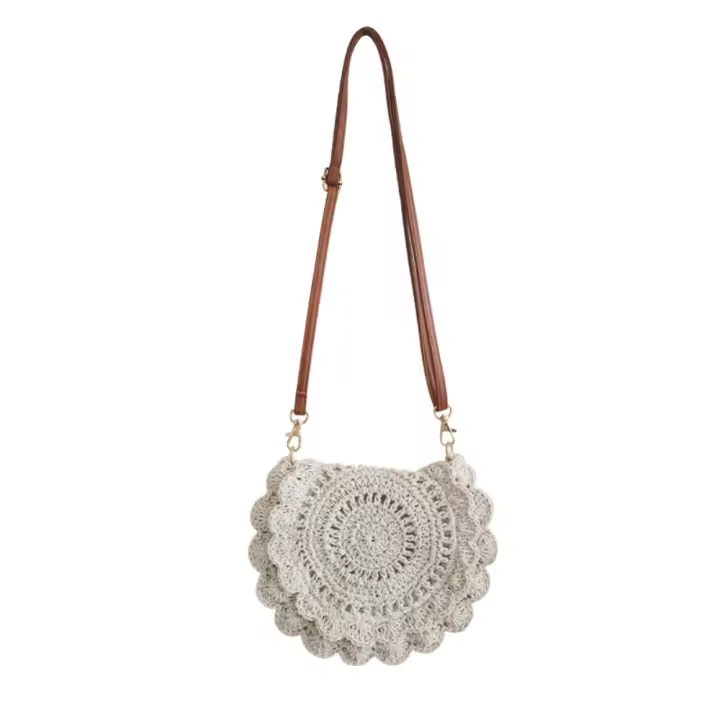 Bolso tejido con hilo de algodón con borde de flores, bolso cruzado de paja Retro ahuecado, bolso tejido de estilo étnico con perlas transpirables para uso diario - 1