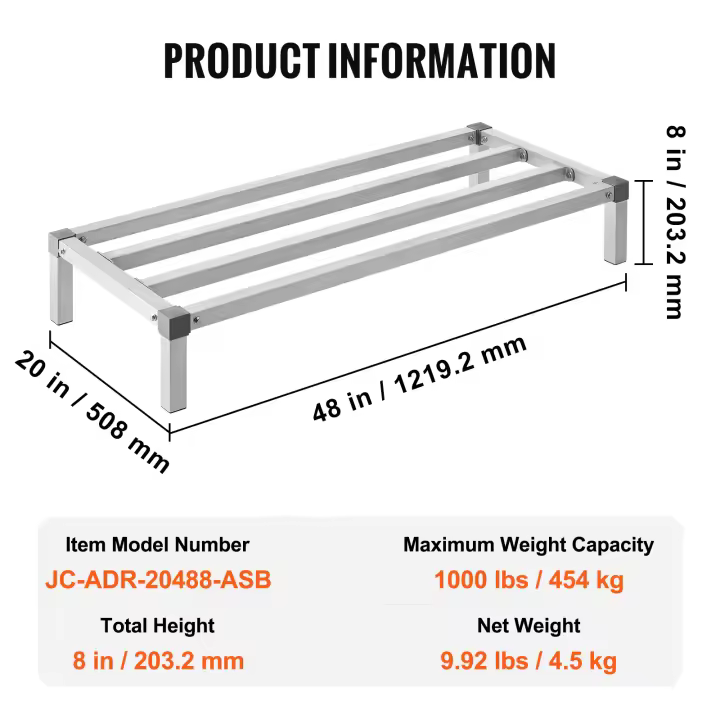 SucceBuy Estante de aluminio para estiba, estante de piso comercial para alimentos de 24" x 14", 8" fuera del piso, estante de almacenamiento de aluminio ajustable con capacidad de 1000 libras, para restaurantes, cocinas, garajes y vehículos - 1