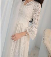 Vestido largo de encaje para mujer, ahuecada túnica, falda elegante, mangas largas, beige, 34 - details 3