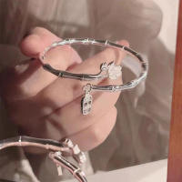 Adjustable Lucky Blessing Bamboo Lotus Bracelet Silver Color Hollow Letter Pendant Bangle For Women Adjustable Opening Bangle - details 3