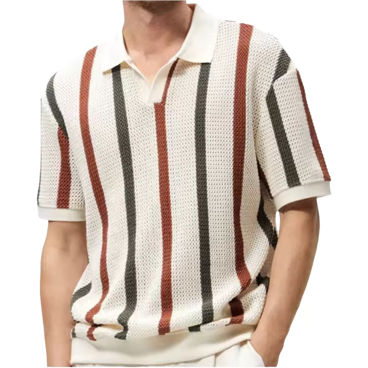 Suéter de punto de manga corta para hombre, camiseta de negocios ajustada con contraste de Color a rayas huecas - 1