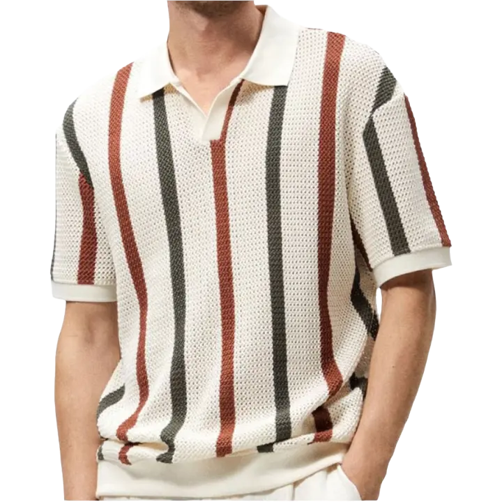 Suéter de punto de manga corta para hombre, camiseta de negocios ajustada con contraste de Color a rayas huecas - 1