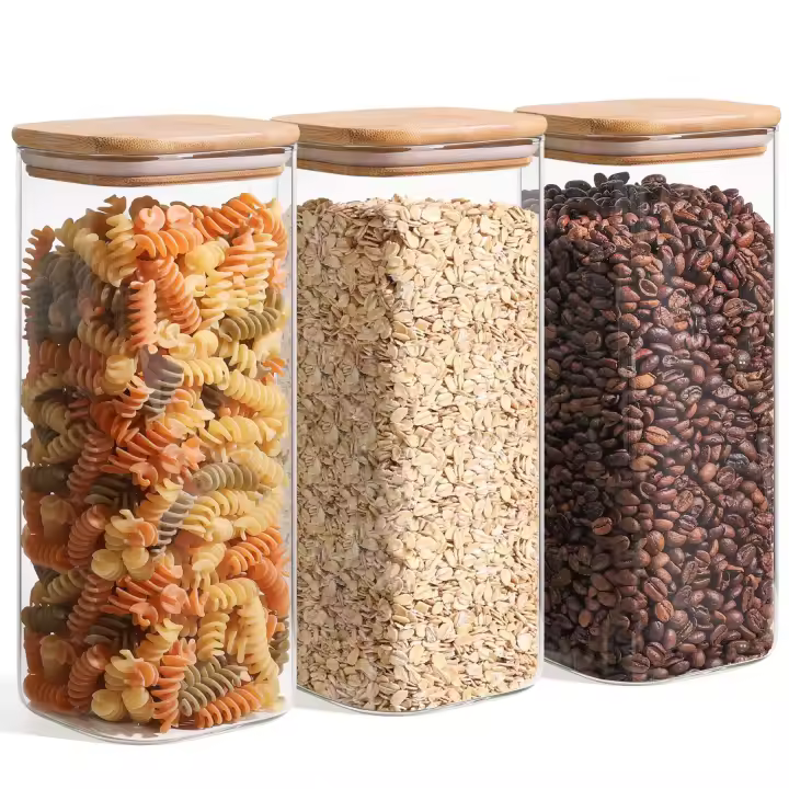 Tarro de Almacenamiento de Vidrio Airtight con Tapa de Madera 51oz Ideal para Avena, Pasta, Arroz, Azúcar, Té, Café Juego de 3 Tarros Cuadrados de Cocina y Comedor - 1