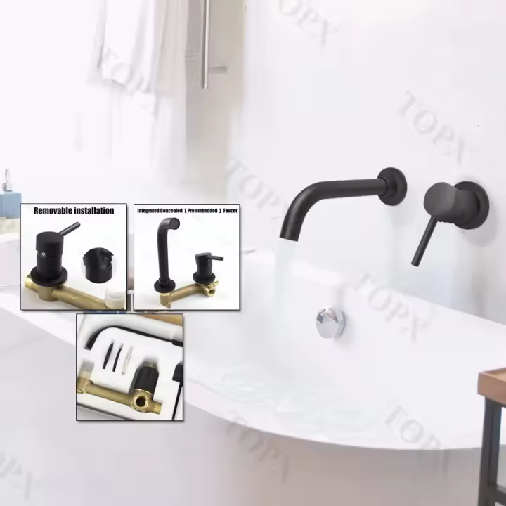 Grifo de Baño TOPX Montado en la Pared Mate Negro con Fregadero Integrado de Bronce Control Dual de Agua Caliente y Fría - 1