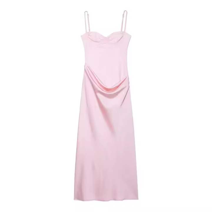 PB&ZA2025 Vestido largo ajustado con tirantes ajustables, diseño plisado, encaje y costuras, para mujer, ropa de verano. - 1