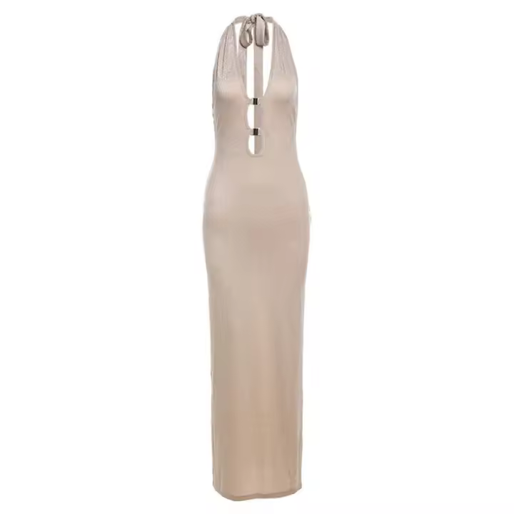 BUNO-vestido Maxi brillante con cuello Halter para mujer, vestido elegante de vendaje sin espalda recortado, cuello bajo, sin mangas, Bodycon femenino, bata de calle - 1