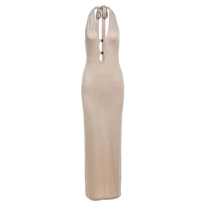 BUNO-vestido Maxi brillante con cuello Halter para mujer, vestido elegante de vendaje sin espalda recortado, cuello bajo, sin mangas, Bodycon femenino, bata de calle - 1