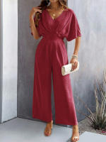 Monos de verano de manga corta para mujer, vestido de cintura alta con cuello en V y pantalones, color rojo burdeos - details 3