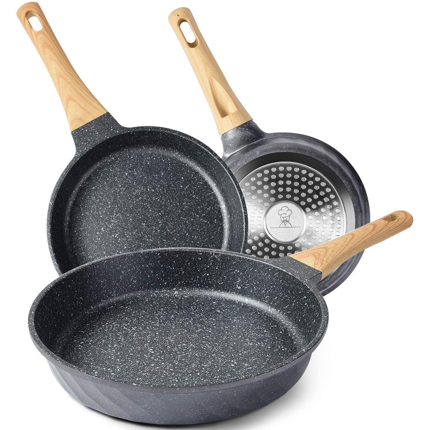 RIOVARM Antiadhésif Set de poêles à frire Induction Set de poêles avec poignée résistante à la chaleur Granit Poêle à omelette sans PFOA Marbre Batterie de cuisine pour divers poêles 20cm 24cm 28cm
