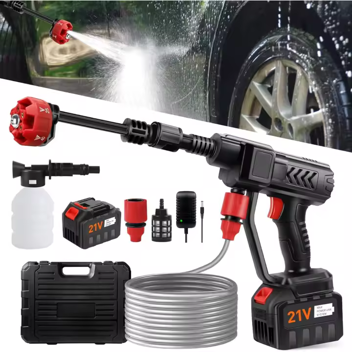 Pistola de lavado a presión inalámbrica, lavadora eléctrica con batería de 18000 mAh, lavadora eléctrica inalámbrica de alta presión de 500 PSI, lavadora a presión portátil con boquilla 6 en 1, lavadora eléctrica de mano para automóvil, jardín-rojo - 1