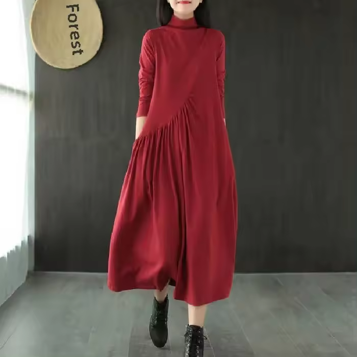 Vestido Vintage artístico de primavera para mujer, medio Polo holgado/cuello de tortuga, longitud media, adelgazante, falda elegante reductora de edad, 2021 - 1